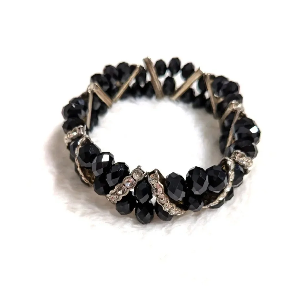Vintage Black Crystal Bead Stretchy Bracelet with Rhinestone Accents